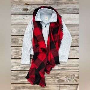 Red and Black Plaid Scarf with Gray fleece Pullover quarter zip heavy base